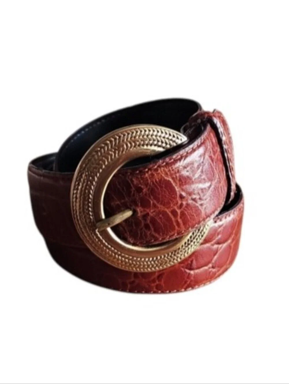 Liz Claiborne Leather Belt L Brown Croc Embossed Gold Statement Buckle Vintage